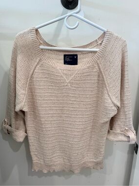 American Eagle Outfitters Cream Speckled Knit Scoop-Neck Roll-Sleeve Sweater
